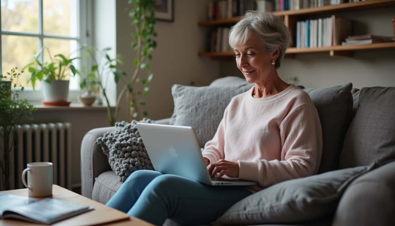 Cozy elderly woman browsing a laptop at home.