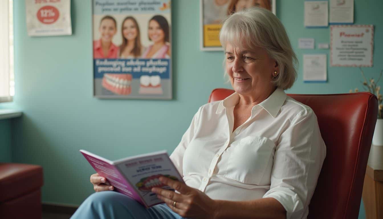 Bright smiling senior woman reading informational brochure about dental health in a modern dental clinic, promoting oral health care and dental services.