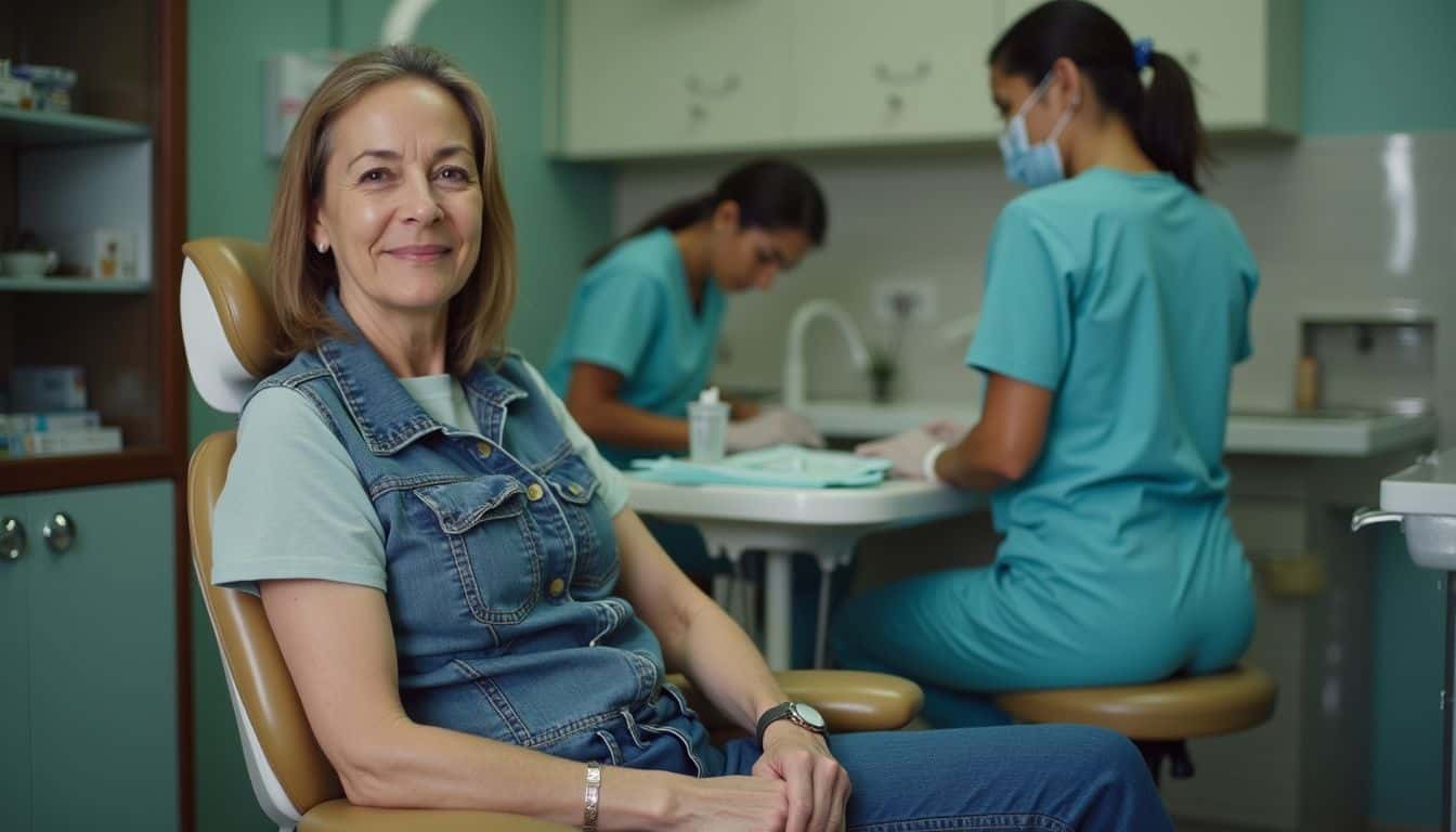 Healthy woman sitting in dental clinic chair smiling after her dental check-up in a modern dental office.