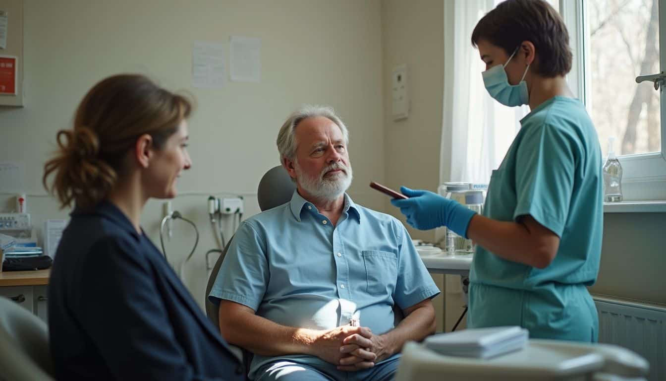 Patient receiving medical consultation in hospital room, healthcare professionals providing medical advice, senior male patient consulting doctor, healthcare, medical care, hospital visit, patient-doctor interaction, medical professionals, health checkup, senior healthcare, clinical setting.