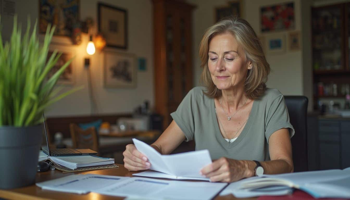 A woman reviewing documents at a home office desk with a laptop, books, and houseplants, embodying a relaxed and productive work-from-home environment.