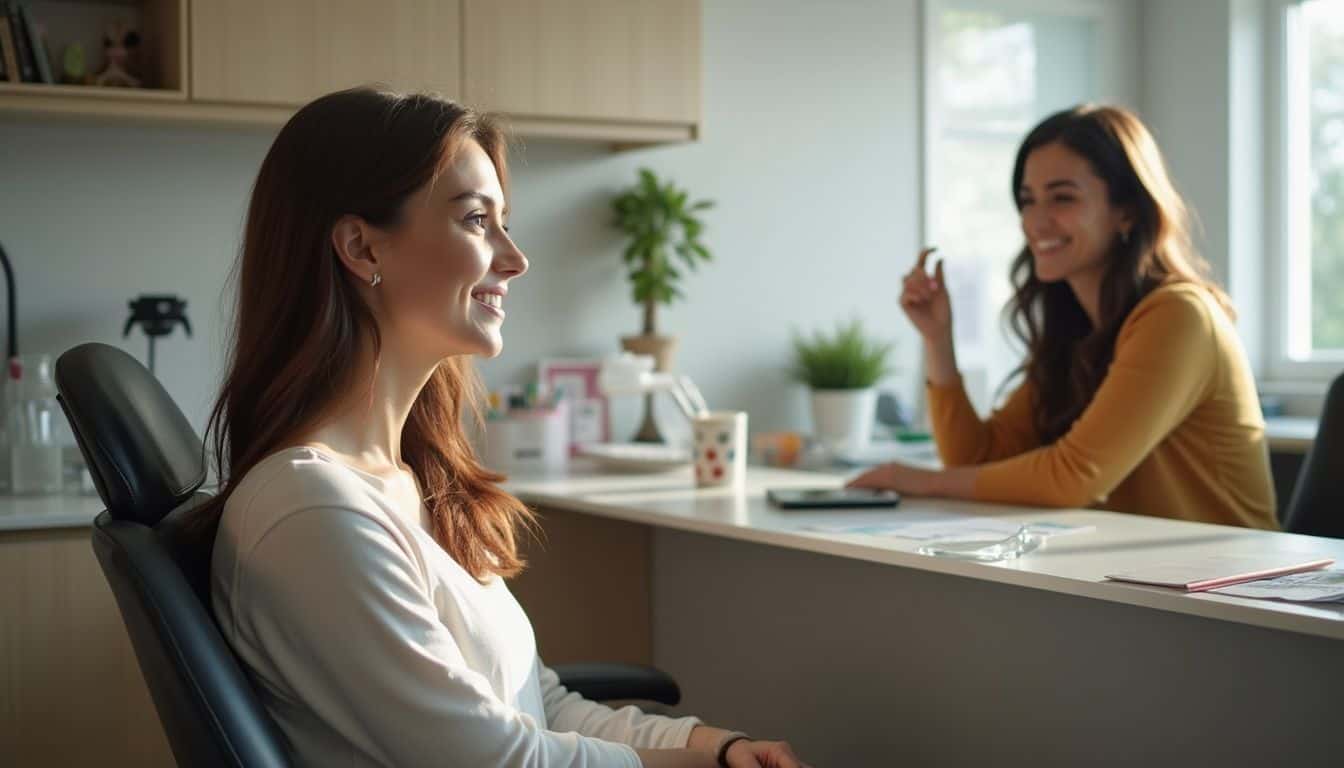 Relaxed office interview with smiling women discussing career opportunities and professional growth.