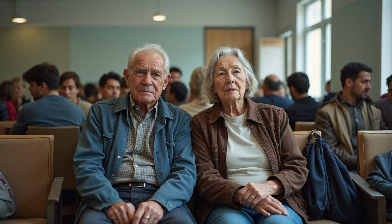 Elderly couple attending a community gathering or seminar, focused on senior social activities and elderly engagement, in a well-lit indoor space with diverse attendees.