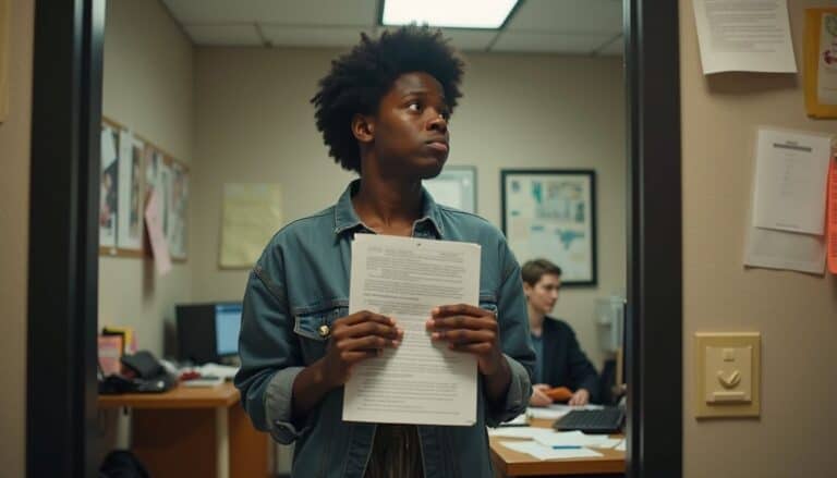 A young woman holding a document in an office setting, appearing attentive and contemplative during a work or interview process.