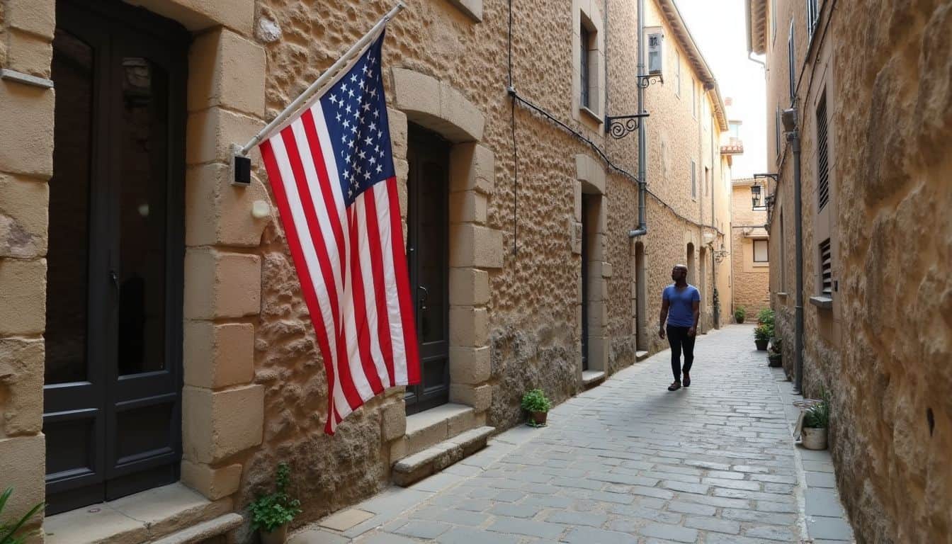 An American flag hangs outside an old stone building in a quaint European village, with a person nearby. American flag waving in a narrow historic European alleyway; capturing travel experience and cultural exploration.
