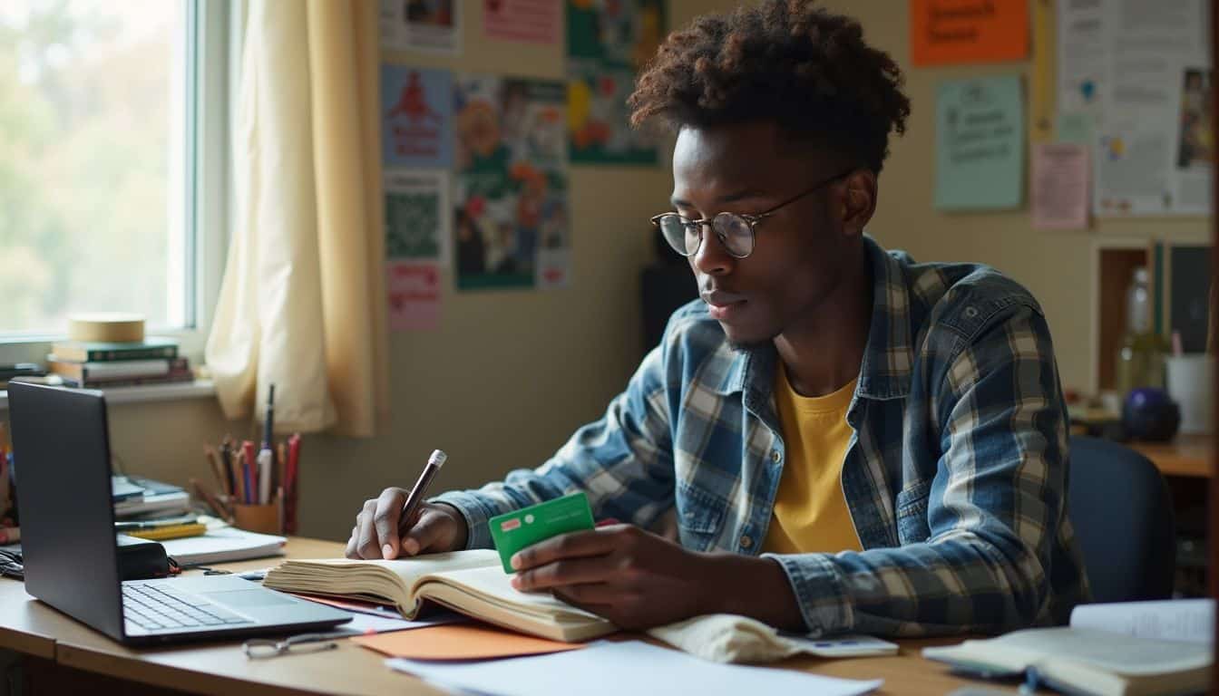 A college student sits at a messy desk, holding a green card and studying from an open textbook. Young man studying at desk with laptop and credit card, focused on online learning, in a cozy, well-lit room with colorful educational posters on the wall.