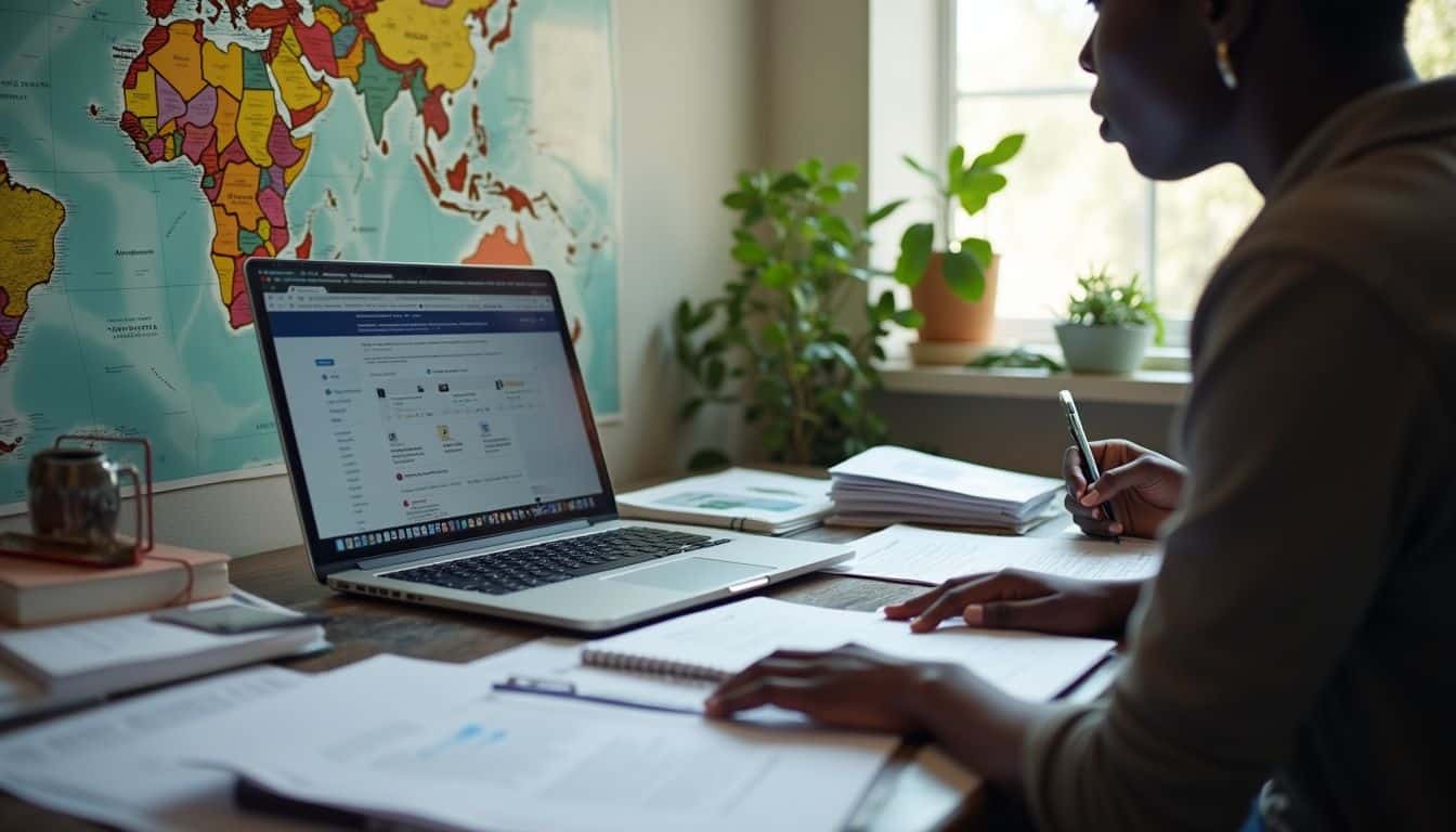A cluttered desk with an open laptop displays college websites amidst papers and test prep books. Laptop displaying a social media page on a cluttered desk with papers and notebooks, next to a world map and potted plants by the window.
