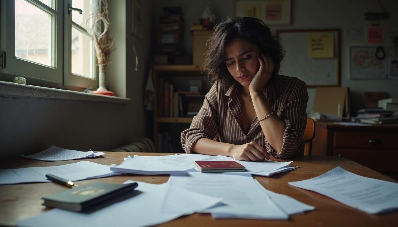 A woman sits at a cluttered desk, anxiously sorting through important documents and passports. Busy woman stressing over paperwork at home, overwhelmed with documents and bills, financial stress, home office chaos, worried about finances, cluttered workspace, woman looking stressed, personal finance worries, home study area, financial paperwork, stress management, work-life balance, woman contemplating bills, overwhelmed by responsibilities, domestic stressors, office clutter, financial anxiety.