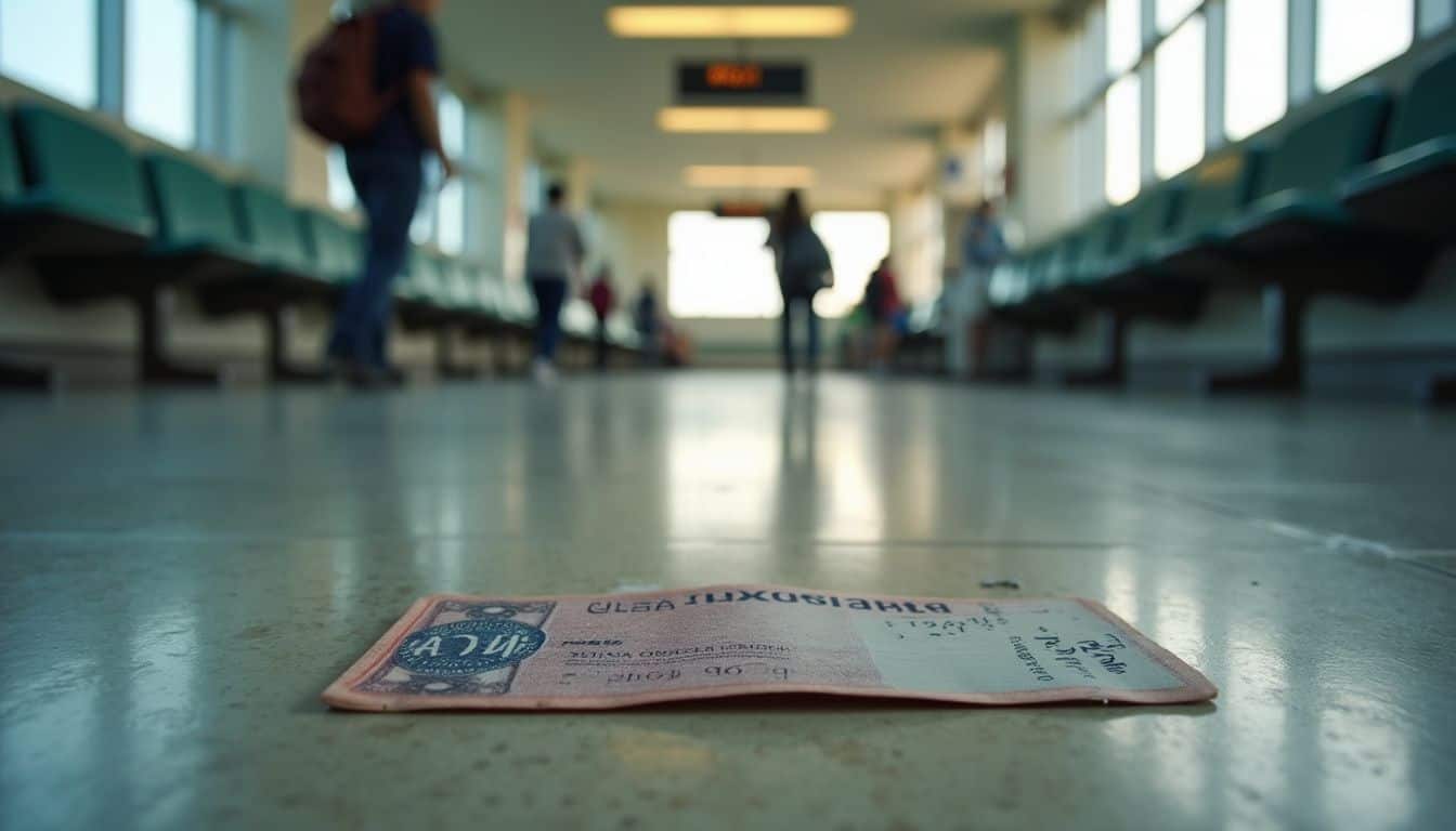 The image depicts a worn airport hallway with a crumpled F-1 visa stamp, reflecting the struggles of an international student. Lost $10 bill on airport floor with passengers and seating area in the background.