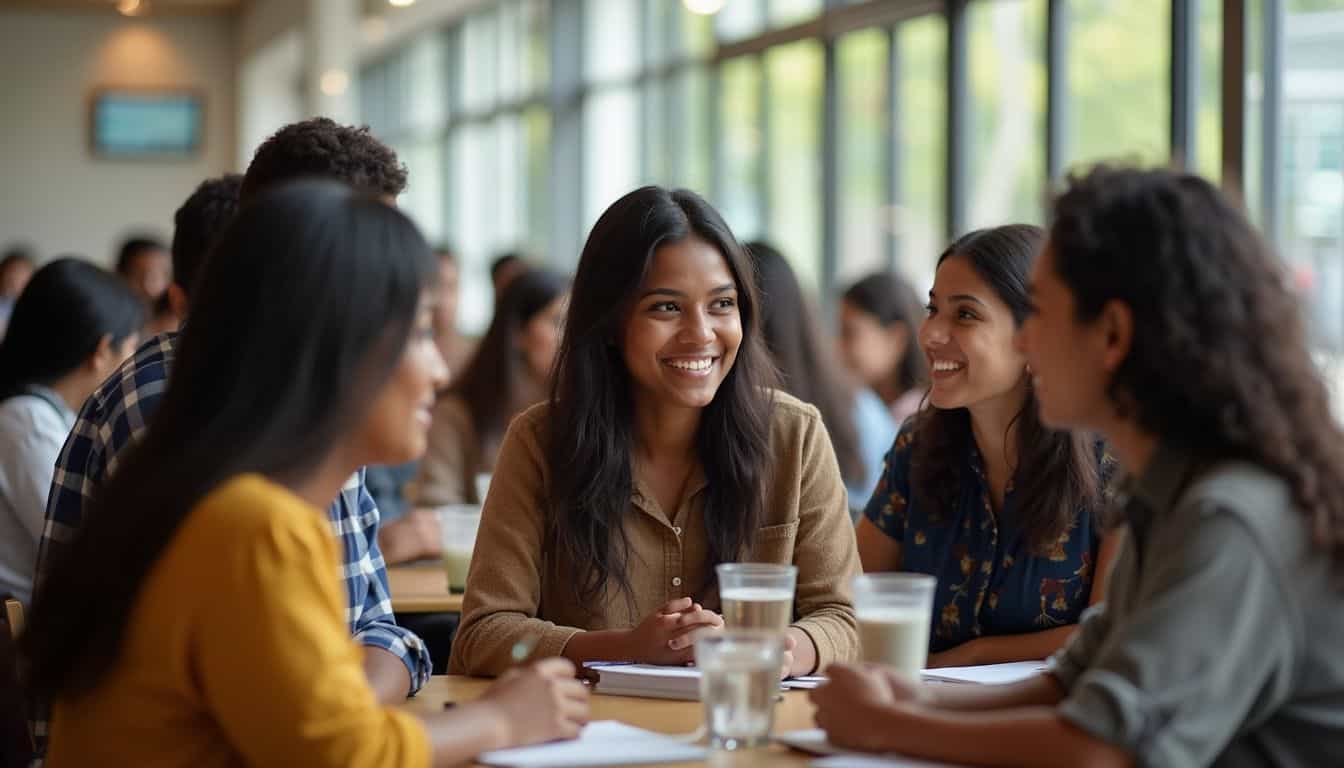 A group of international students casually chats in a crowded university cafeteria about classes and visa issues. Diverse group of young adults engaging in a lively discussion at a community event or conference, seated at a table with glasses of water, in a bright, modern venue with large windows and natural light.