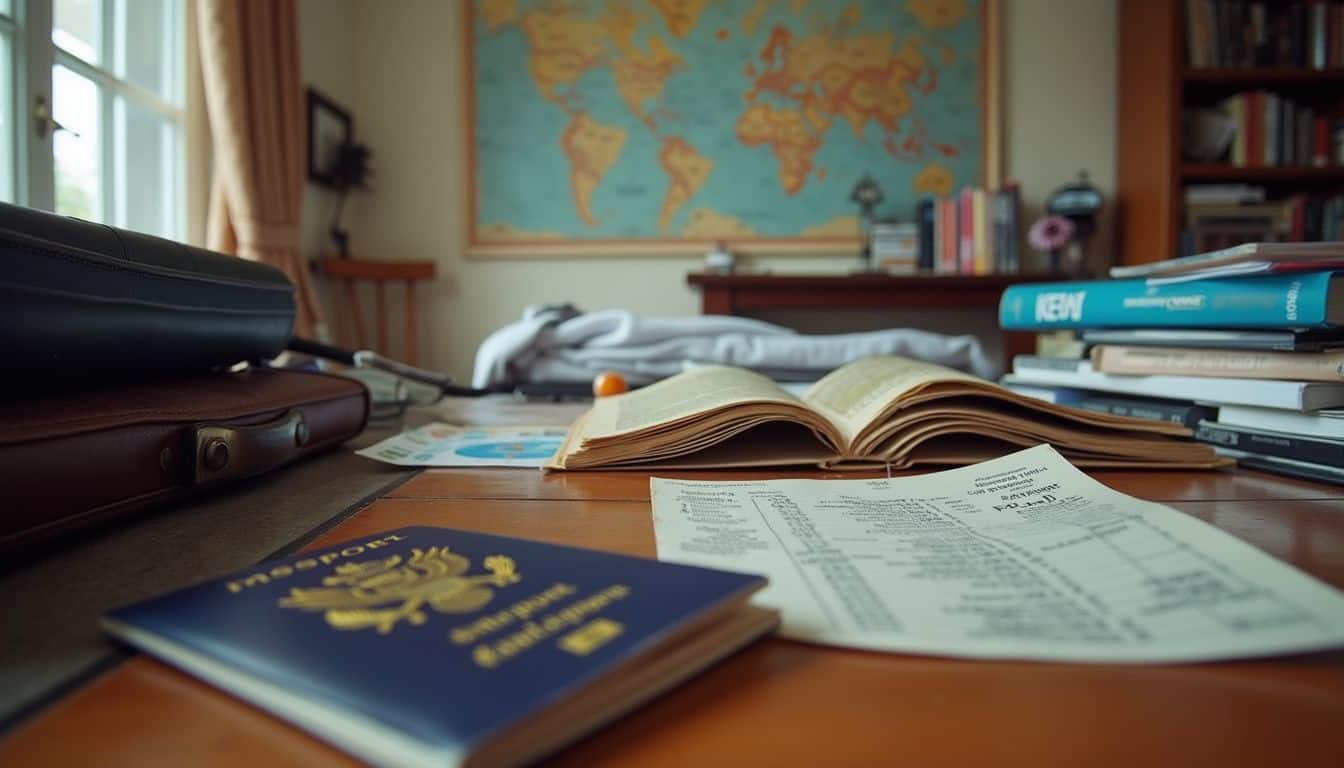 A student's cluttered desk features a passport, textbooks, a laptop, and travel papers, suggesting preparations for studying abroad. Disorganized study desk with an open textbook, research papers, a passport, and a laptop, in a cozy home office with world map and bookshelves, depicting travel planning and academic work.