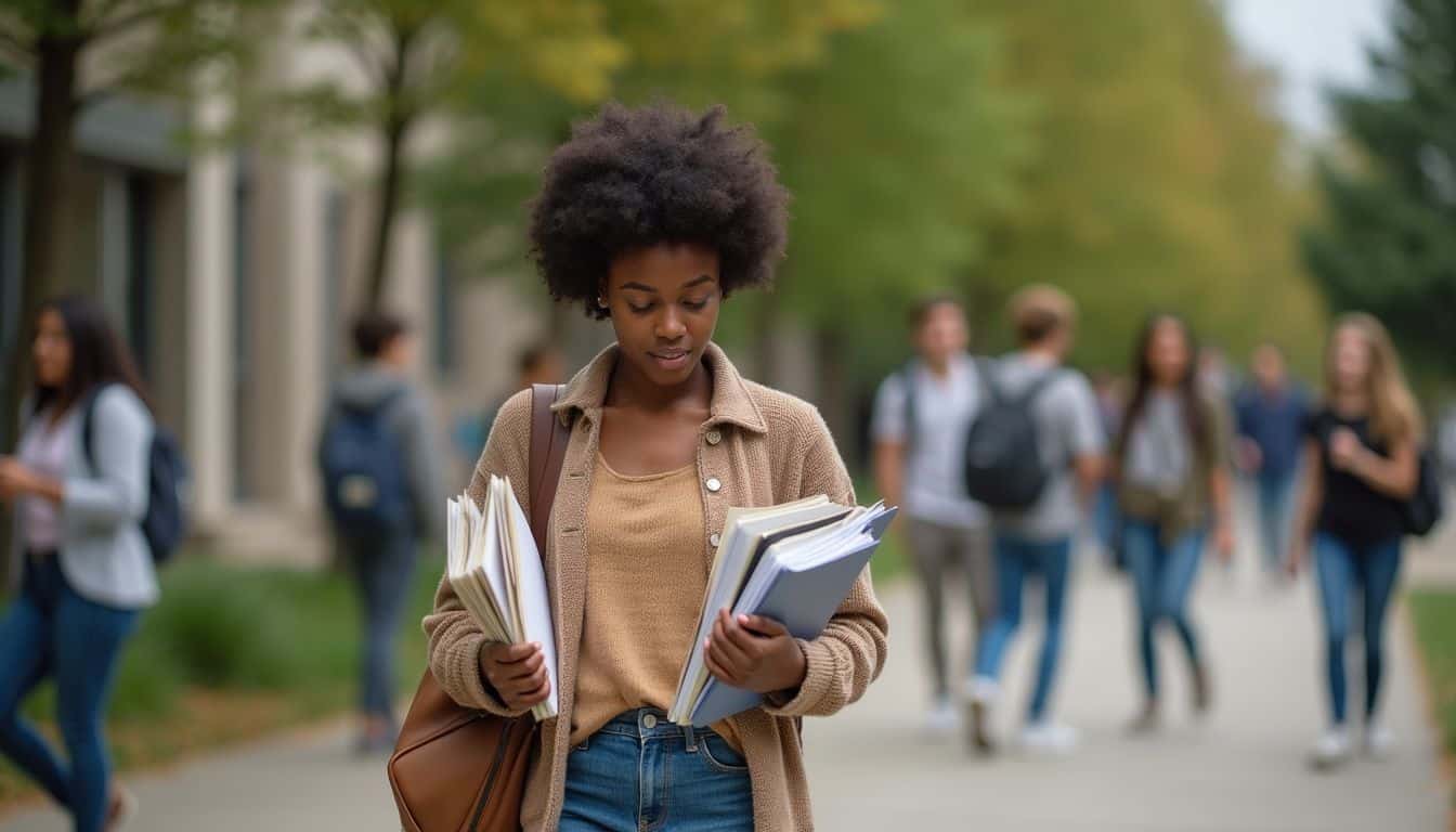 A young woman on a college campus reviews her class schedule while holding textbooks and papers amidst fellow students. College student walking outdoors with books in hand on campus during fall season.