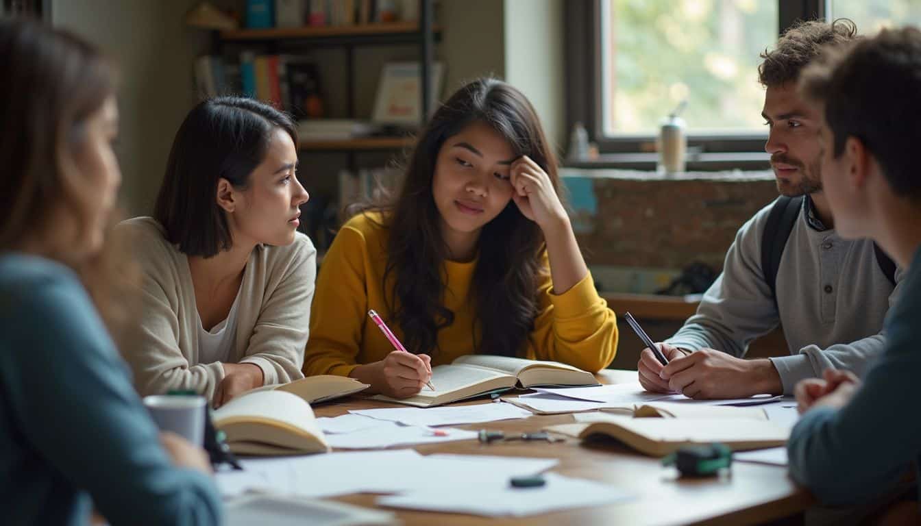 A group of college students studies together at a cluttered library table filled with books and personal items. Thoughtful group discussion in a cozy study room, diverse young adults collaborating on a project, surrounded by notebooks, books, and a bright window, emphasizing teamwork and learning.