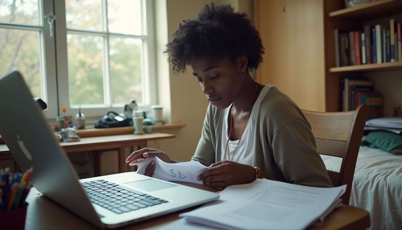 A young woman appears frustrated while studying in her cluttered dorm room, holding papers and working on her laptop. Focused woman studying at home with laptop and papers, cozy bedroom setting, natural light from window, academic and learning atmosphere, student with books and documents.