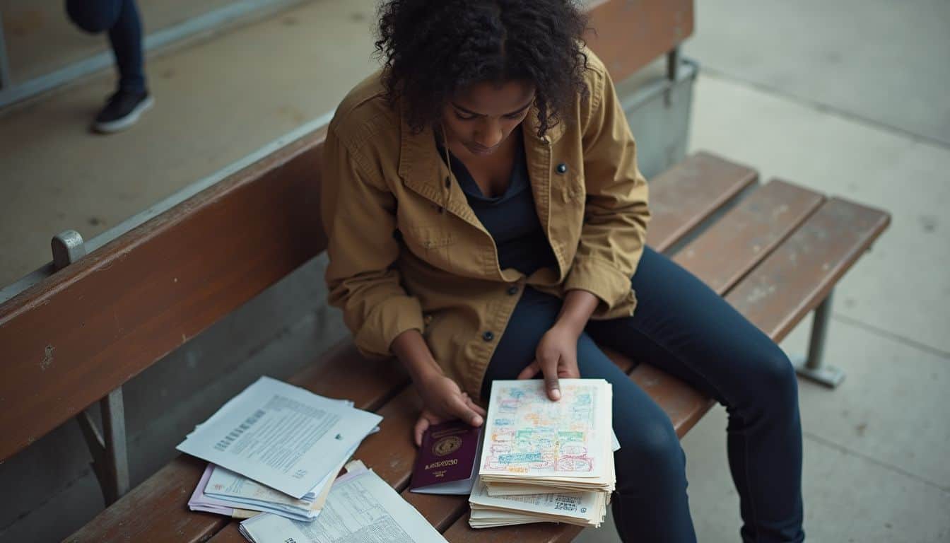 A student sits on a bench, anxiously holding a passport amidst scattered school papers and documents. Passionate traveler organizing travel documents and euros for international trip on park bench.