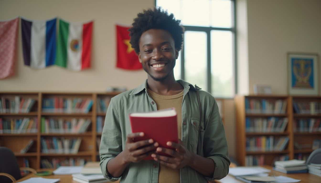 A student stands in a university library, casually holding a textbook amidst a clutter of books and papers. Reading books in a library, smiling young man holding a red book, educational environment with bookshelves and flags in background, student studying and learning, academic atmosphere, diverse educational setting.