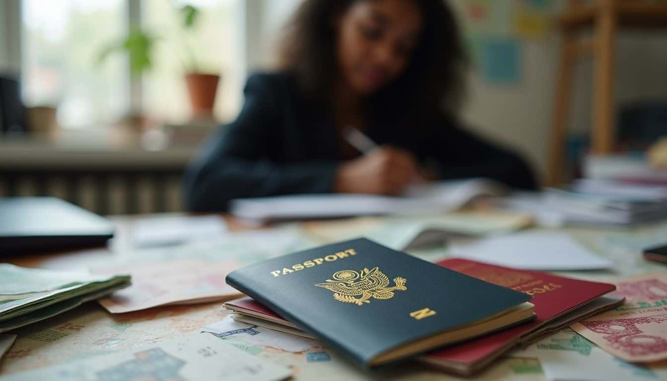 A used passport lies on a cluttered desk surrounded by travel guides, foreign bills, and college acceptance letters. Passport and travel documents on a cluttered table, with paperwork and currency, emphasizing travel preparation and international travel tips.