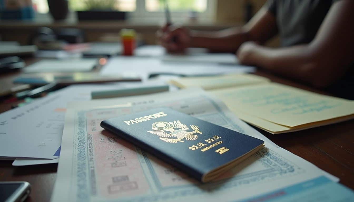 An open passport and visa papers are spread across a cluttered college dorm desk, reflecting a student's busy life. A person preparing travel documents including a U.S. passport, airline tickets, and travel itineraries on a desk, with writing and planning a trip.