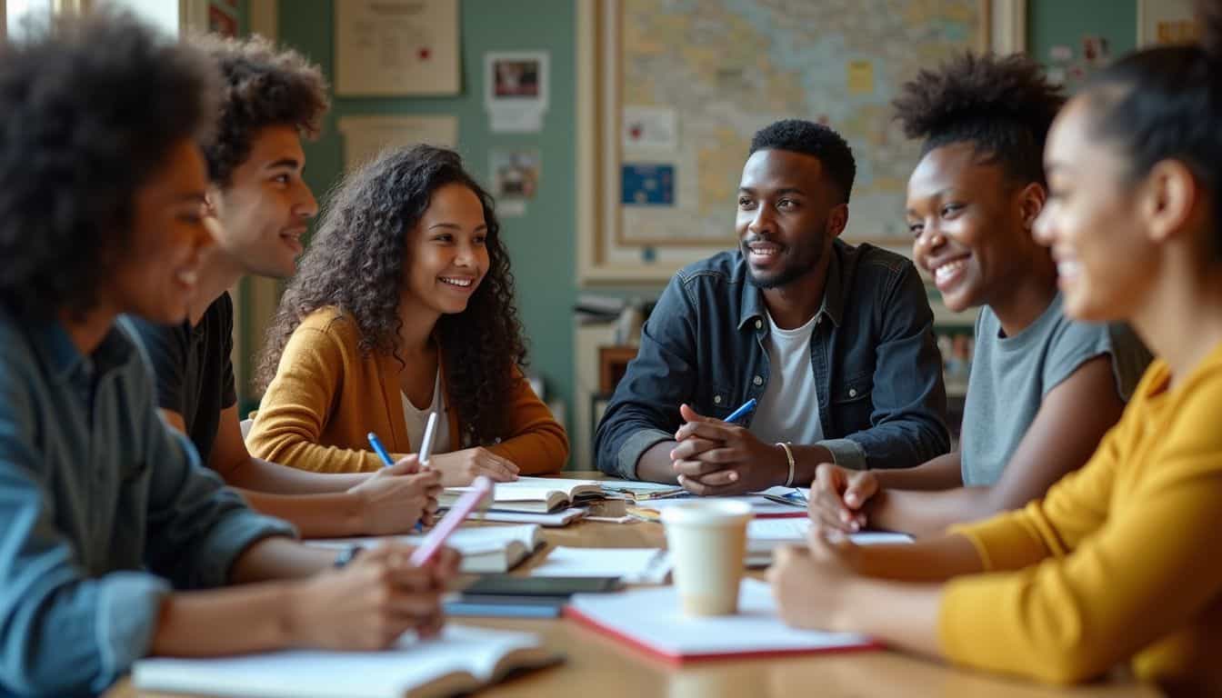 A group of college students gathers around a cluttered table, engaged in a relaxed study session. Diverse group of students participating in a lively classroom discussion, engaging with each other, smiling, and sharing ideas, promoting inclusive learning and teamwork.