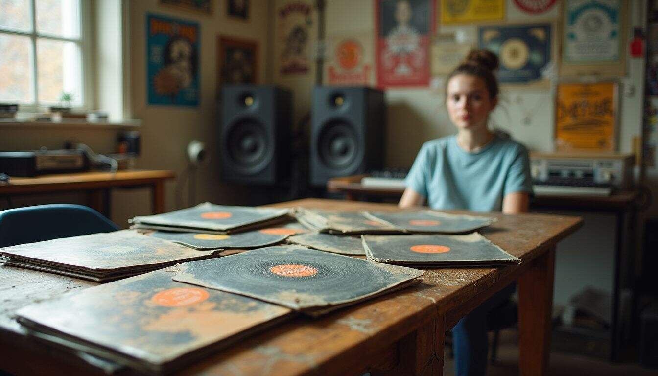 Vintage vinyl records on a wooden table in a cozy music studio with a young woman in the background, surrounded by music posters and equipment.