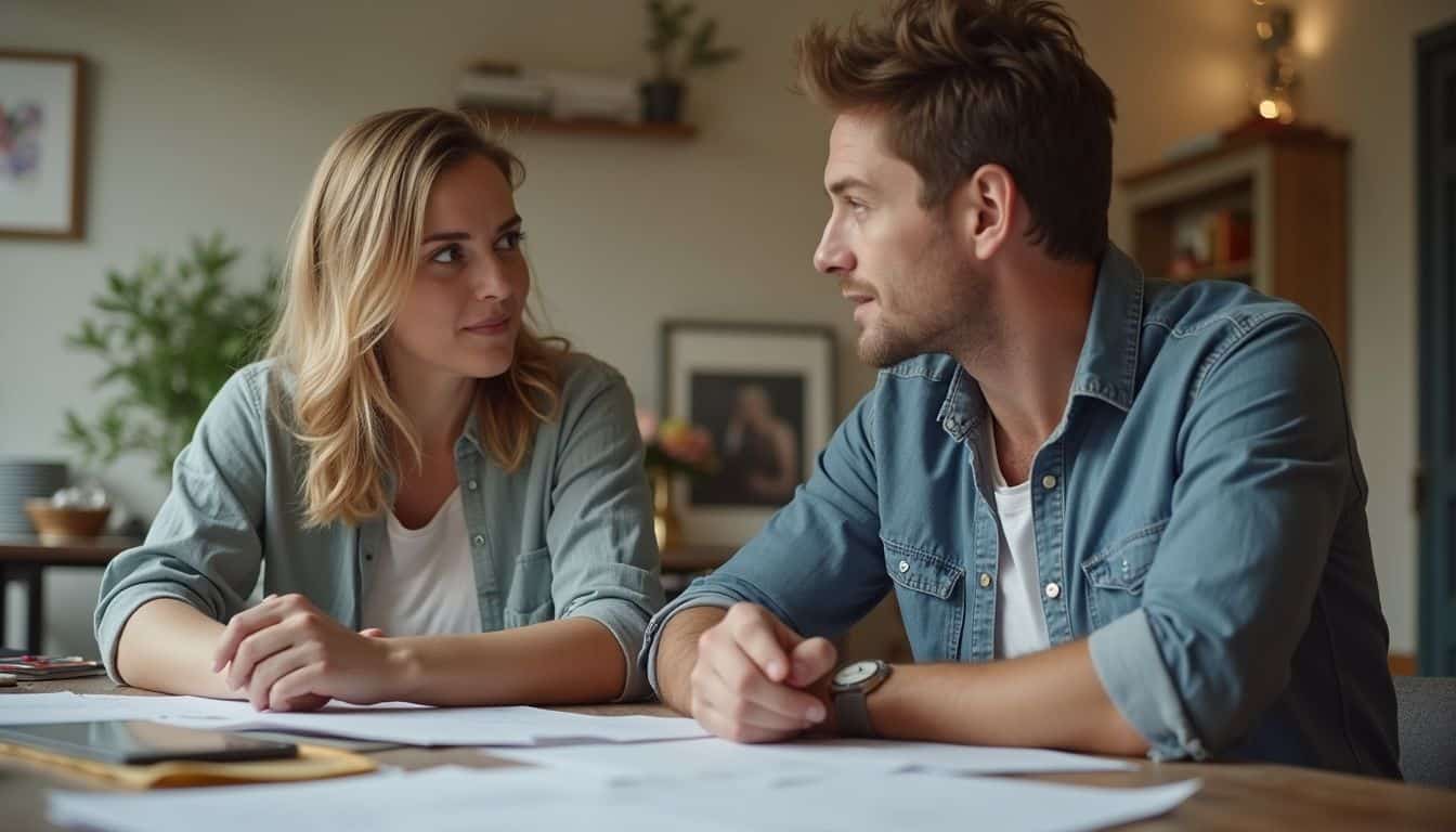 - Compassionate couple talking about relationship issues at home.