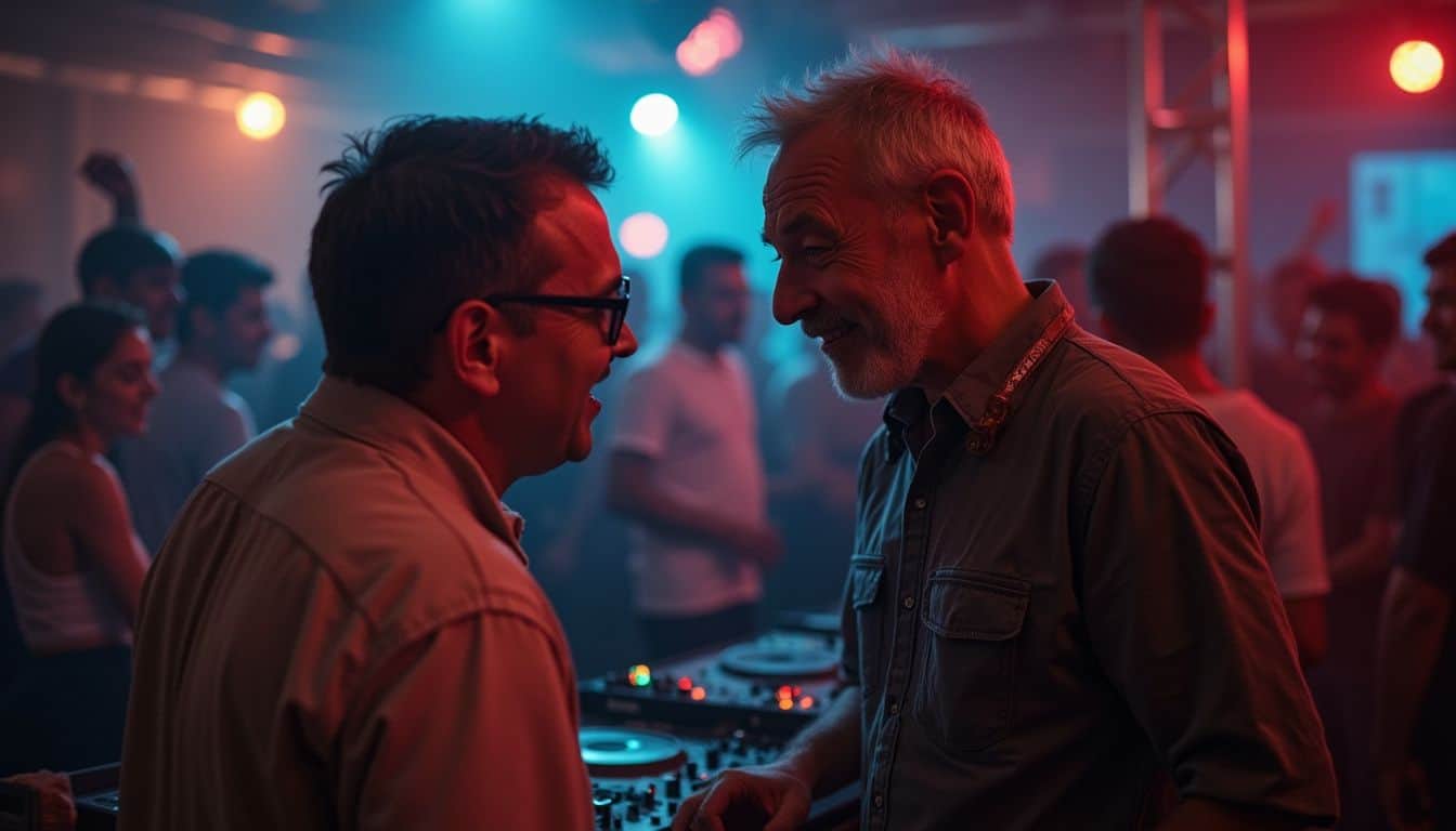 People dancing at a lively party with colorful lights and DJ equipment in the background, capturing a joyful nightlife scene, perfect for articles on nightlife, social events, and dance parties.