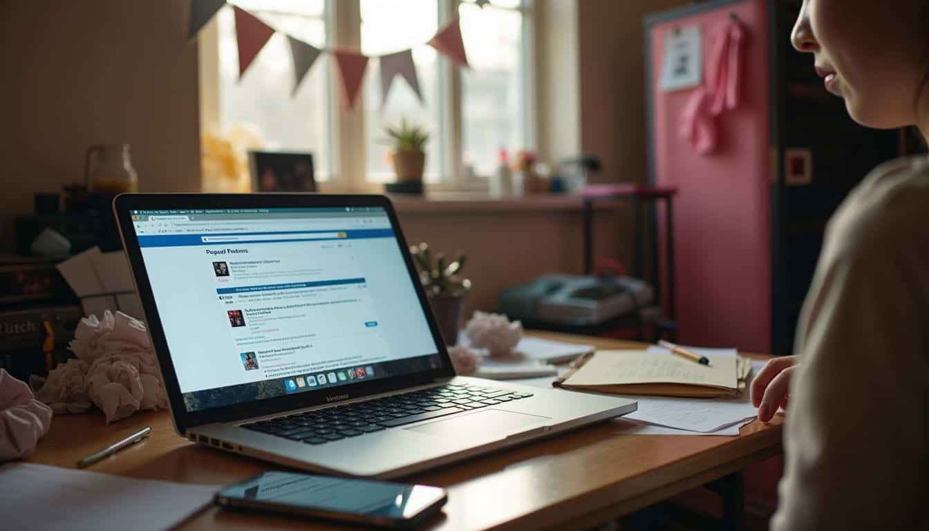 Laptop screen displaying social media posts and paper notes on a wooden desk, with a cozy, decorated room in the background, capturing a creative workspace environment.