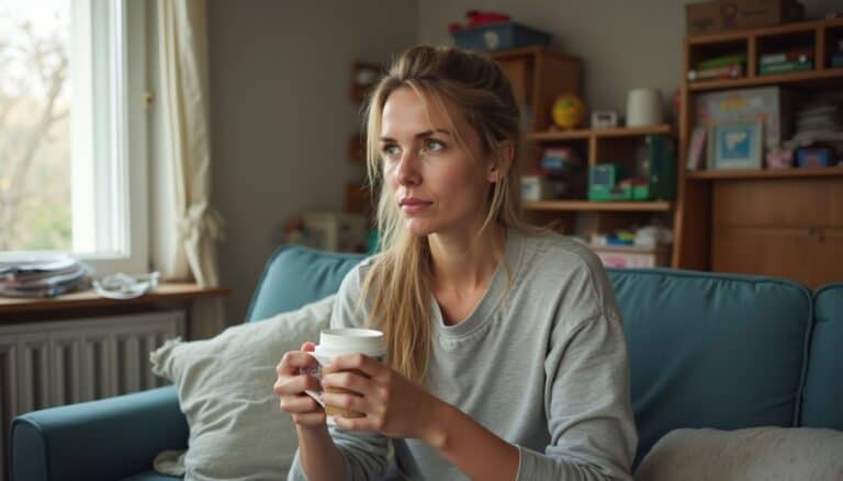 Relaxed woman sitting on sofa with coffee cup in cozy home setting.