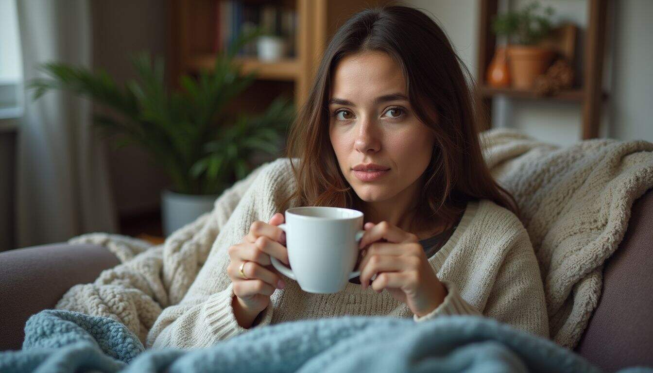 A casual snapshot of a woman in her 30s enjoying tea in a cozy, cluttered living room. Cozy woman relaxing with coffee at home, comfortable living room, warm sweater, natural light, relaxation, morning routine, interior decor, lifestyle, quiet moment, positive vibes.