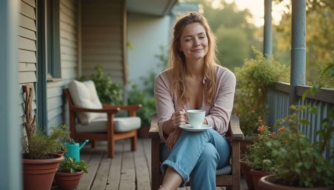 A woman enjoys coffee on her porch surrounded by potted plants and casual morning clutter, capturing a relaxed moment. Relaxed woman enjoying coffee on a cozy balcony in the early morning.