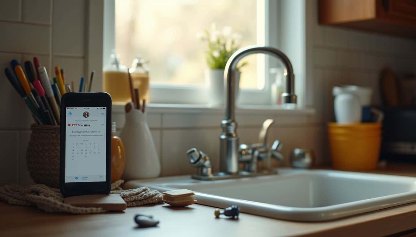 A messy kitchen counter features a phone displaying a calendar reminder for parents' personal time amid everyday items. Closet kitchen sink with smartphone and colorful utensils for cooking.
