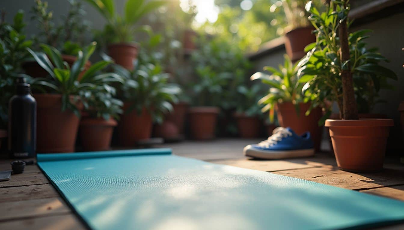 A casual outdoor yoga setup with a worn mat, potted plants, and a few personal items scattered around. Relaxing outdoor yoga setup with potted plants, yoga mat, water bottle, and sneakers on wooden deck, creating a peaceful environment for wellness and mindfulness.