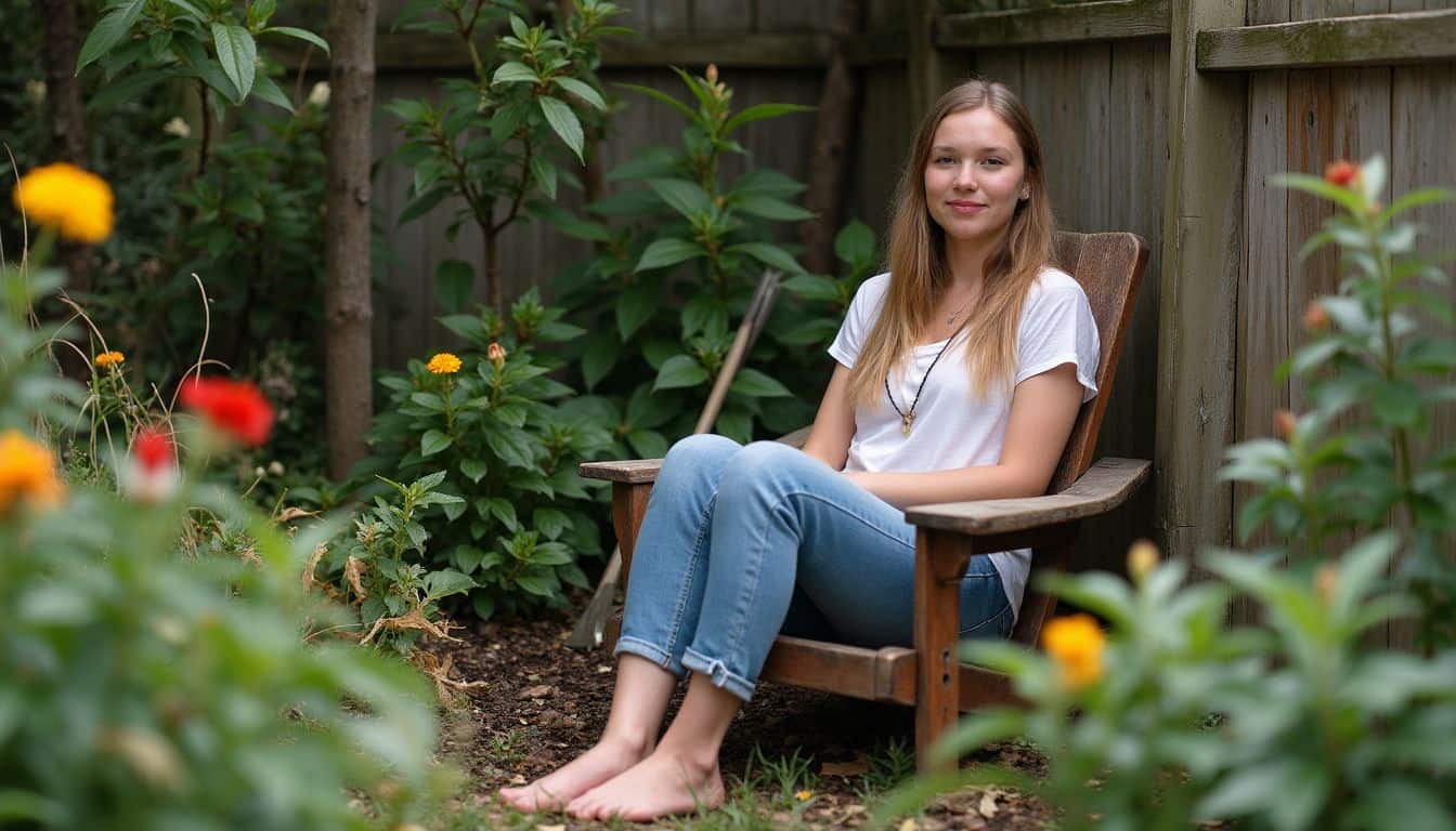 A person sits casually in a worn chair surrounded by everyday plants and garden tools in a relaxed backyard setting. Girl relaxing on wooden garden bench surrounded by lush greenery and colorful flowers in a backyard setting.