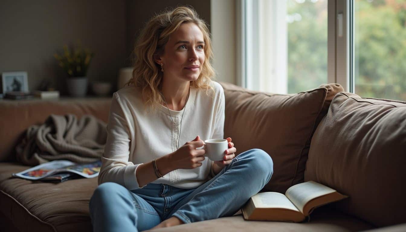 A woman in her 30s enjoys tea on a cozy, cluttered couch while reading a book. Cozy woman relaxing with coffee on sofa, reading book and enjoying peaceful moment at home, autumn day with natural light, comfortable living room setting, lifestyle and relaxation concept.