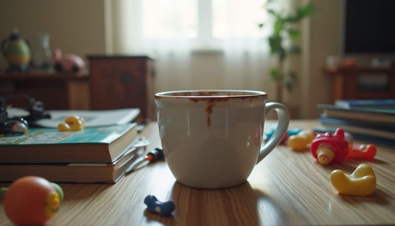 A cozy, lived-in living room with a cluttered table, kids' toys, and a stack of books. Coffee mug with chocolate stains on a cluttered wooden table, surrounded by children's toys, notebooks, and a pen in a cozy, light-filled room - ideal for lifestyle and family blog content.