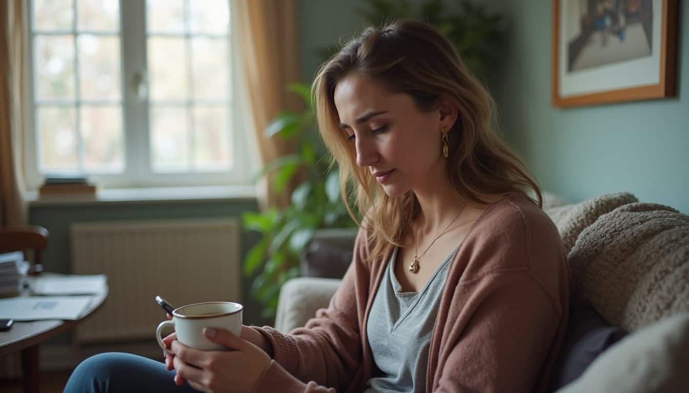 A woman in casual clothes relaxes in her living room, sipping tea and checking her phone. Relaxed woman reading a message on her smartphone while sitting on a cozy sofa at home.