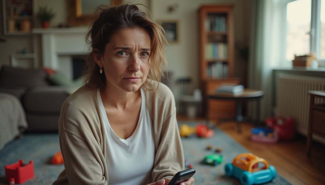 A tired woman sits in a messy living room, capturing a candid moment of her busy, everyday life. Unsure woman sitting on living room floor with toys, looking frustrated, messy background, home environment, parenting stress, modern interior design, everyday life, family chaos, casual clothing, emotional expression.