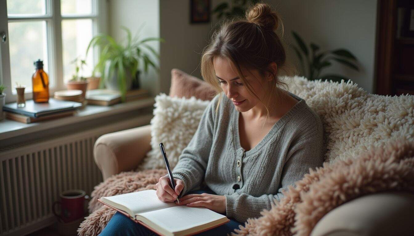A woman in her 30s casually writes in a journal, surrounded by cozy blankets and a mug of tea. Comfortable cozy home interior with woman writing in journal on sofa by window.