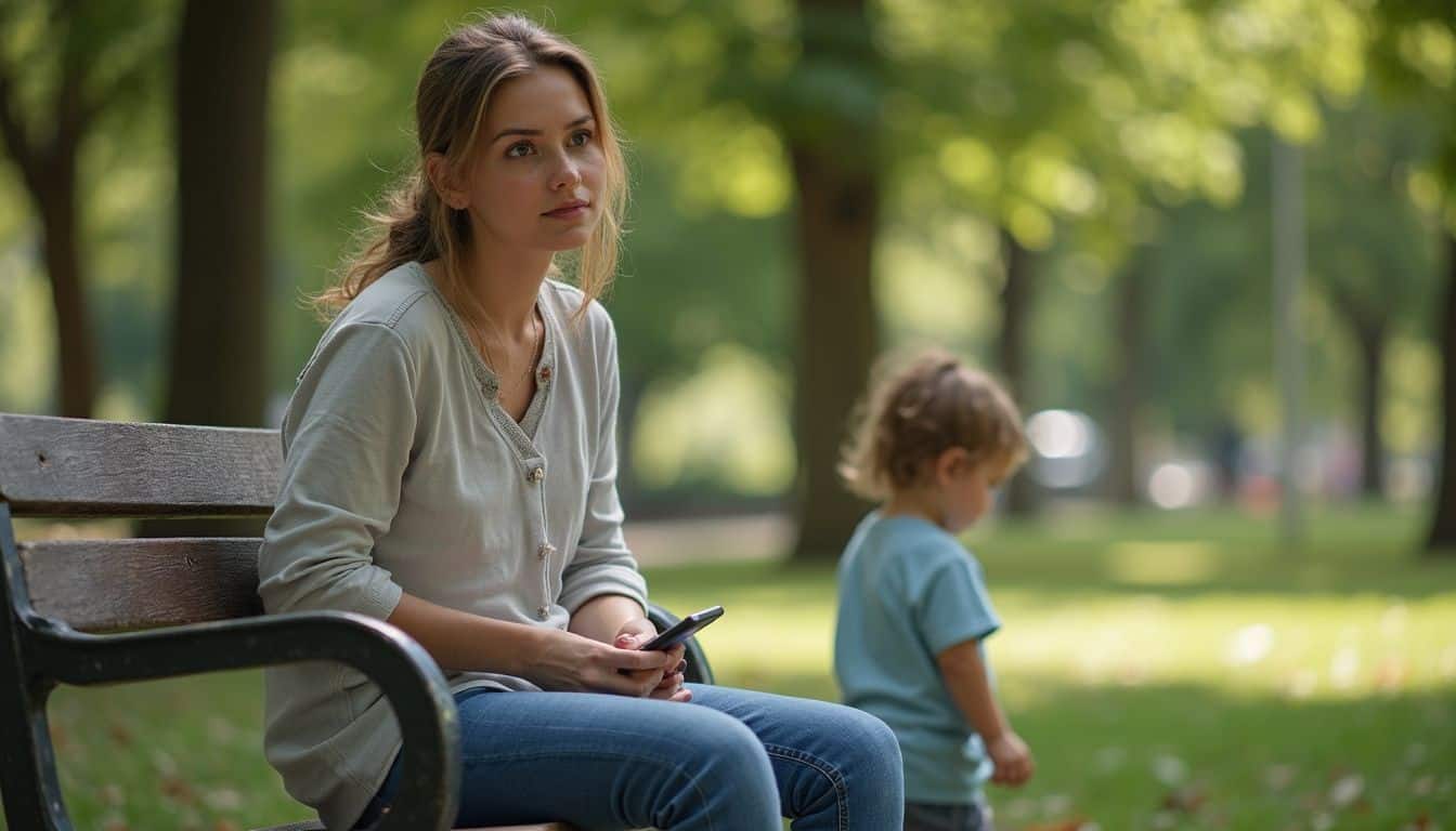 A mom sits on a park bench, looking thoughtful while her young child plays nearby on the grass. Relaxed woman sitting on park bench with her child, enjoying nature and a peaceful moment outdoor, capturing a serene family moment in a lush green park.