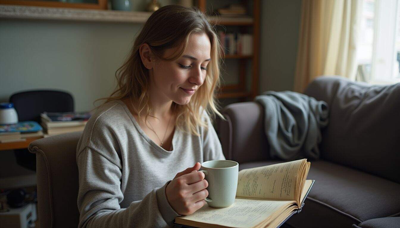 A relaxed woman in comfy clothes sips tea and writes in a notebook amidst a cluttered living room. Relaxing woman enjoying coffee and reading a book at home amidst cozy living room setting, evoking a peaceful and comfortable atmosphere, perfect for leisure and personal growth, lifestyle photography.