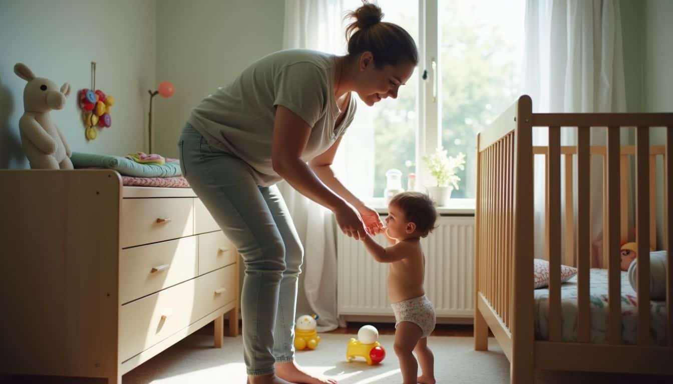 Happy mother and toddler bonding, playing in bright nursery with toys and crib, family home environment, warm lighting, and natural sunlight, emphasizing parental love and childhood joy.