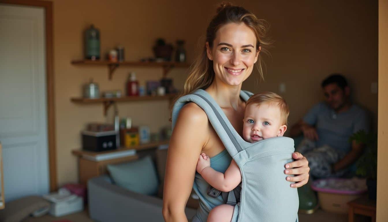 Mother with baby carrier, smiling warmly while holding her baby in a cozy home setting, capturing joyful parenting moments and family love.