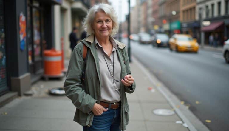 Enjoying a city walk during daytime, senior woman with gray hair smiling, wearing casual jacket and jeans, exploring urban streets, travel experience, urban adventure, positive mindset.
