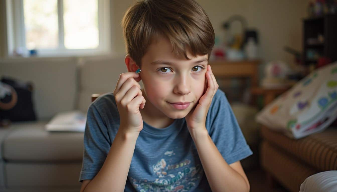 Young boy with earphones in a cozy living room, enjoying music or a podcast, with natural light coming through the window, creating a relaxed and happy atmosphere.
