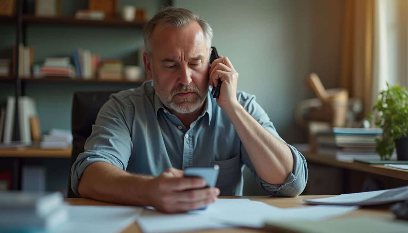 Frustrated middle-aged man talking on the phone in an office setting, looking at his smartphone with a serious expression.