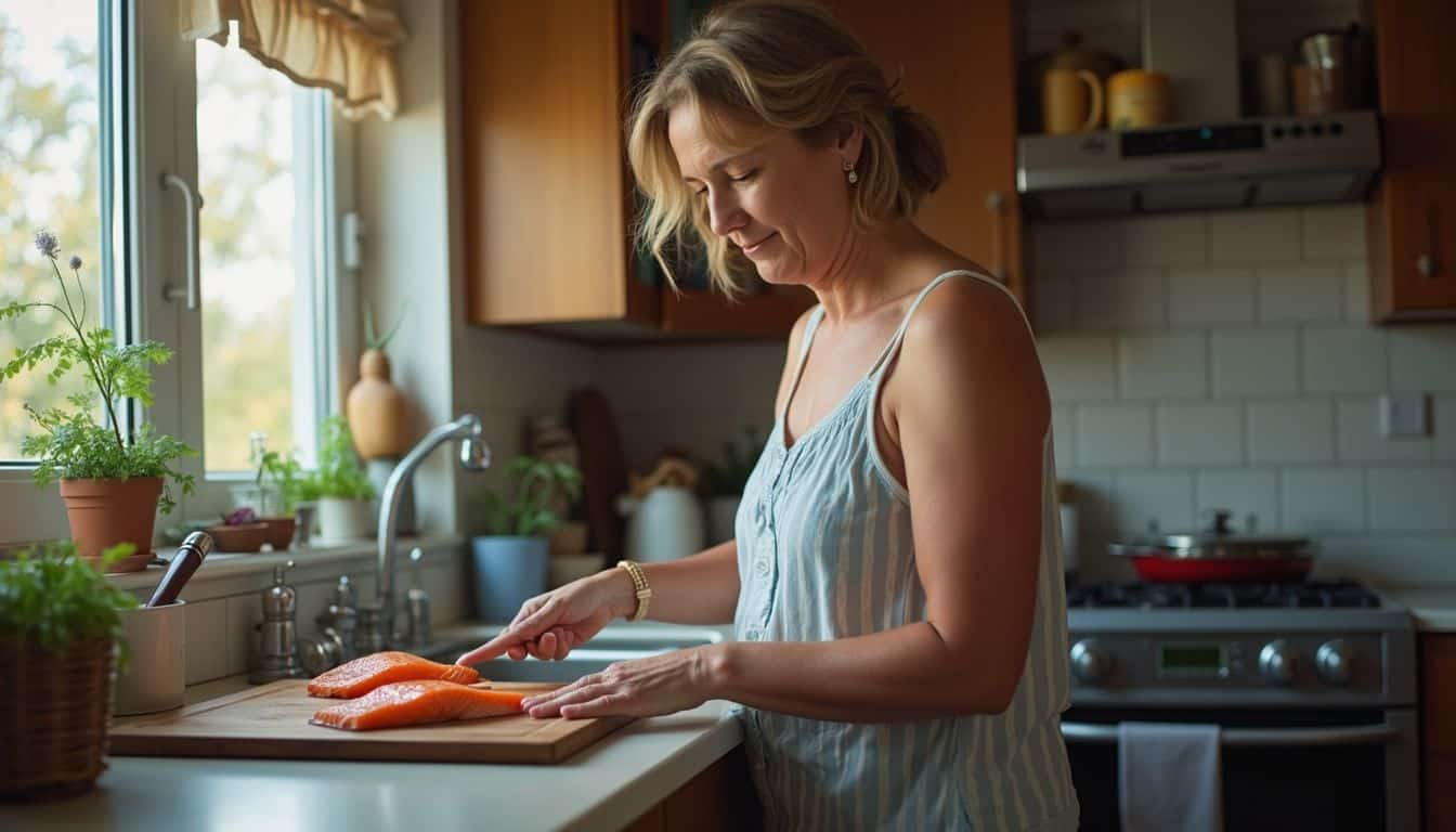 Fresh salmon fillets on a cutting board in a cozy kitchen with natural sunlight, the woman preparing a healthy meal.