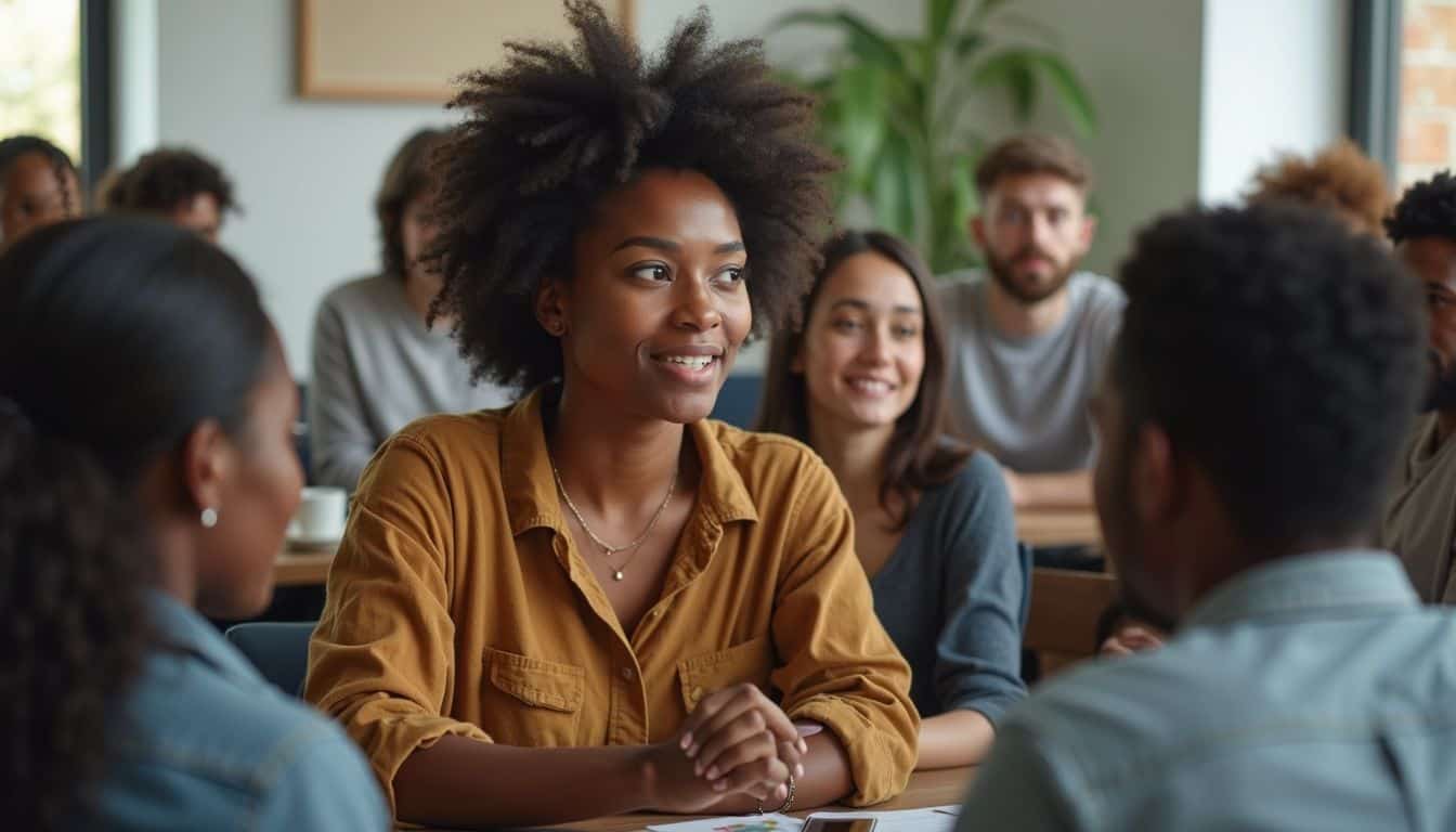 A young woman engages in a relaxed conversation with a small group of people in a casual setting.