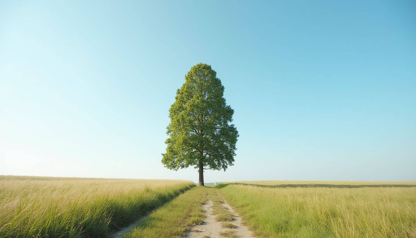 A tall tree stands alone in an open field, surrounded by uneven grass and a worn path.