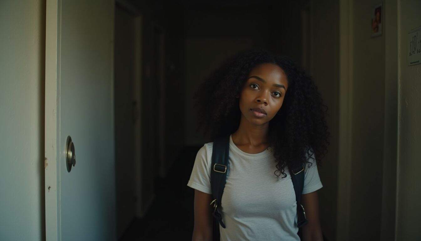 A young woman stands alone in a cozy, unpolished room, appearing thoughtful and somewhat hesitant.