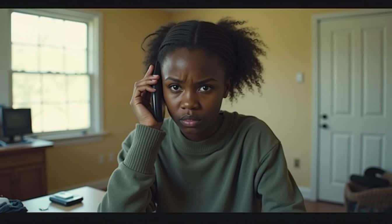 A person stands hesitantly in a cluttered room with a phone on the table nearby.